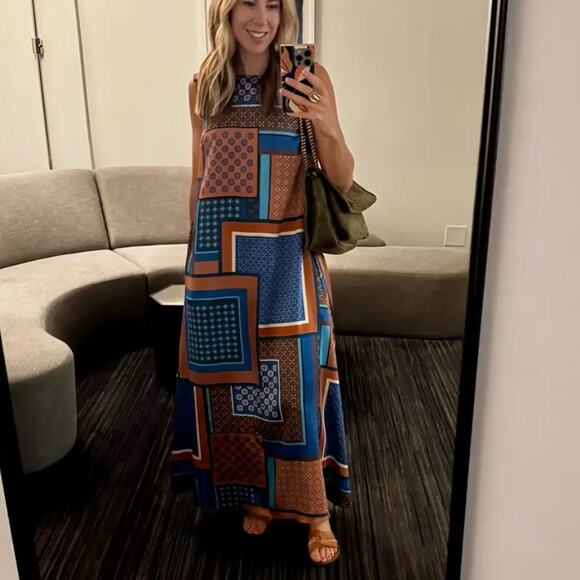 Misa Blue Patchwork Midi Dress MEDIUM Satin Vacation Aline Weekend Designer $410 - Picture 10 of 13